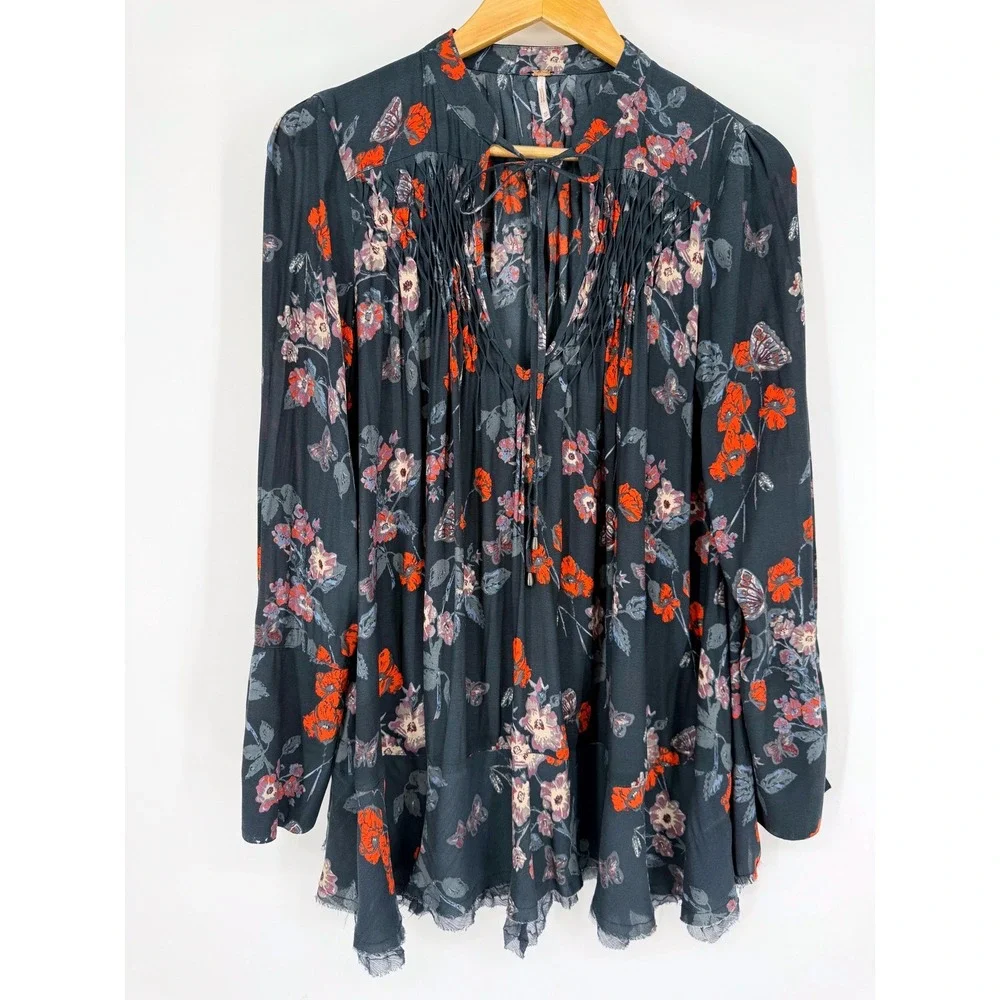 Free People Sheer Floral Butterfly Smocked Raw Lace Hem Tunic Top Blue XS Boho